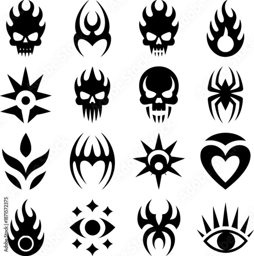 Dark tribal skull and flame icon collection with gothic graphic style