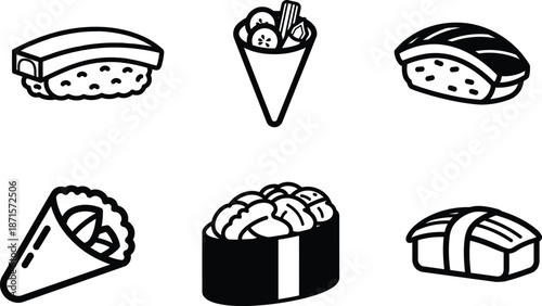 Six different types of sushi rolls and cones on white background