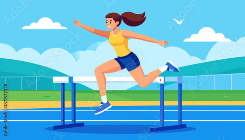 Female athlete jumping over hurdle on a track.