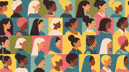 Diverse Women's Faces in a Grid Pattern Celebrating Unity and Femininity