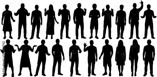 Vector detailed silhouettes set of standing people male and female full body front view with body gesture isolated on white background. Crowd, group of people vector