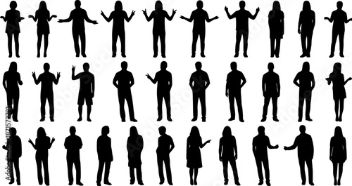 Vector detailed silhouettes set of standing people male and female full body front view with body gesture isolated on white background. Crowd, group of people vector