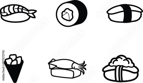 Six sushi and seafood illustrations on white background