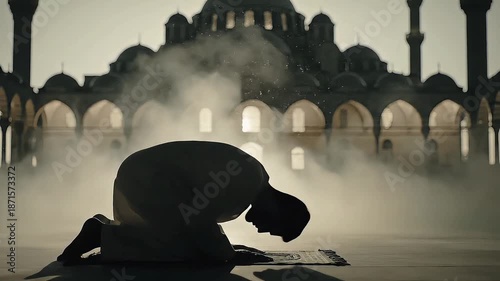 Kneeling praying man silhouette with blurred mosque