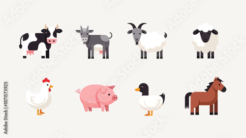 Farm Animals Standing Together in a Row.