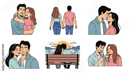 Set of 6 Romantic Couple Relationship Illustrations Vector