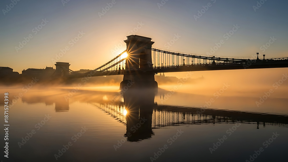 Obraz premium budapest chain bridge at sunrise with golden fog over the danube river creating a serene travel and tourism advertisement background.