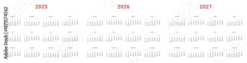 Set of annual Calendar Templates 2026, 2027, 2028. Vector layout of wall or desk simple calendar with week start on Sunday. Weekends highlighted in red. Page A4- 21x29.7 cm in Minimal style for print