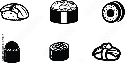 Various types of sushi rolls and nigiri isolated on white background