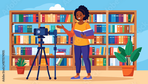 Woman recording video in front of bookshelves with camera on tripod.