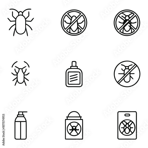 A collection of line art icons depicting insects and pest control products.