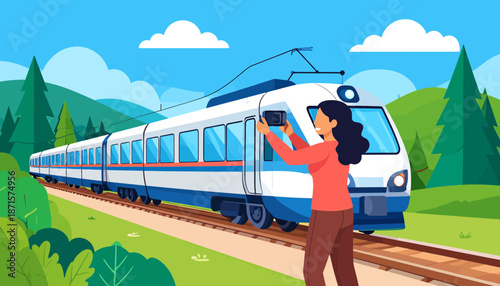 Woman waving at a passing train in a scenic landscape.
