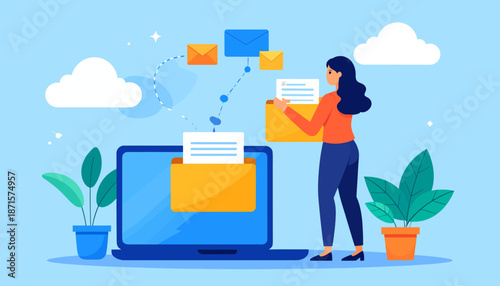 Woman organizing digital files on a large computer screen.