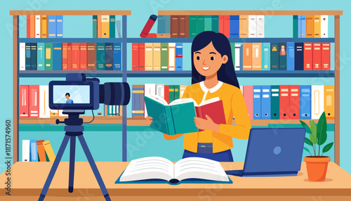 Woman recording video lecture in a library with books and laptop.
