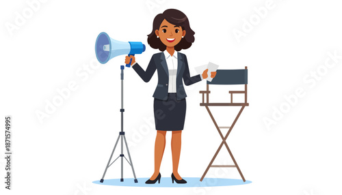 Businesswoman standing with megaphone and director's chair.