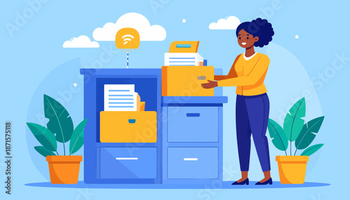 Woman organizing digital files in office with filing cabinets and plants.