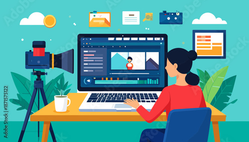 Woman working on video editing software on laptop at desk with camera and plants.