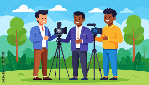 Three cameramen filming outdoors in a green landscape.