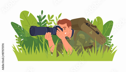 Man observing nature through binoculars in a lush green environment.