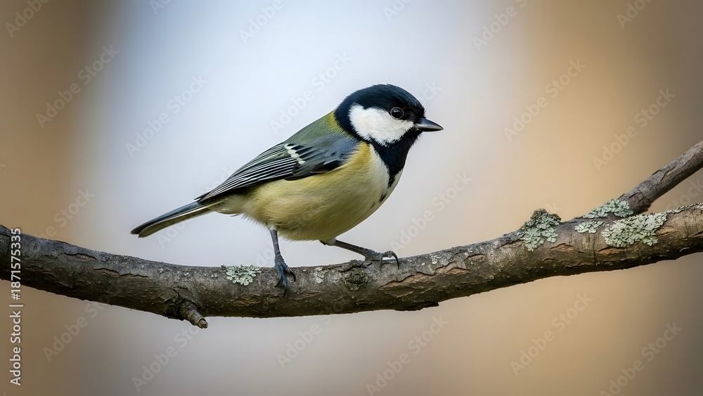 Obraz premium Great Tit bird perched on a thin branch against a soft, warm bokeh background