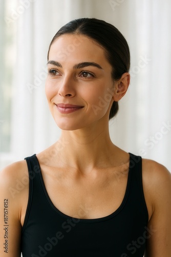 Serene Gaze: A beautiful woman in a black tank top gazes thoughtfully with a soft, peaceful expression, capturing the essence of inner serenity. Free Download Serene Gaze: A beautiful woman in a black tank top gazes thoughtfully with a soft, peaceful expression, capturing the essence of inner serenity. - GFXLoad