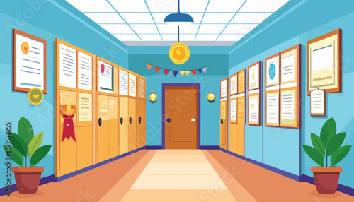 School corridor with lockers and certificates on the walls.