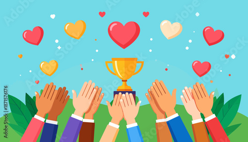 Diverse hands reaching for a golden trophy surrounded by hearts.