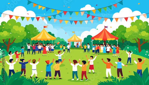 Vibrant outdoor festival with people celebrating in a green park.