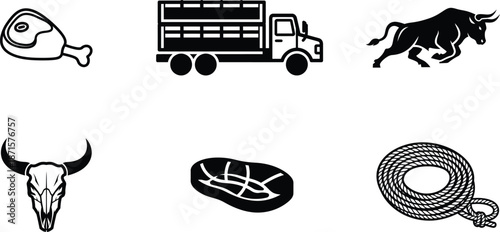 Black and white icons of food and farm animals  fish truck bull skull bread steak rope