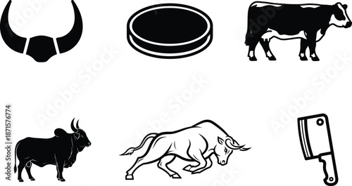 Black and white illustrations of bulls and butcher tools  cattle icons