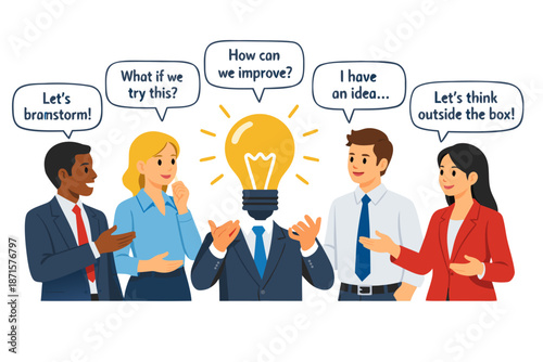 a group of business people talking and thinking about ideas