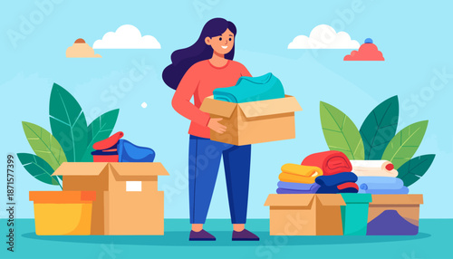 Woman sorting clothes and shoes into cardboard boxes for donation or moving.