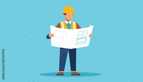 Engineer holding blueprint on construction site background.