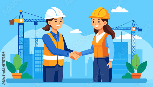 Two female construction workers shaking hands in front of cranes and cityscape.