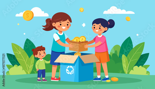 Children and adults donating food to charity together outdoors.