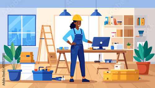 Woman in hard hat working on computer in office renovation site.