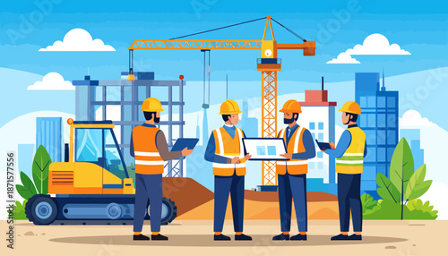 Construction workers collaborating on a building site with cranes and machinery.