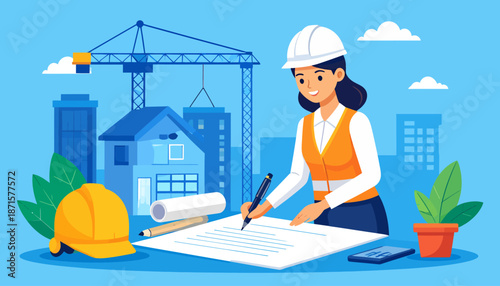 Female architect working on building plans with construction equipment.