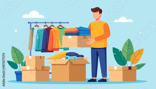 Man unpacking boxes and organizing clothes in a storage room.