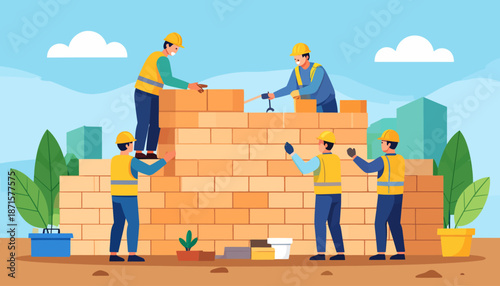 Construction workers building a brick wall together outdoors.