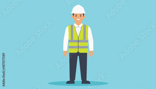 Construction worker wearing safety vest and hard hat standing against blue background.