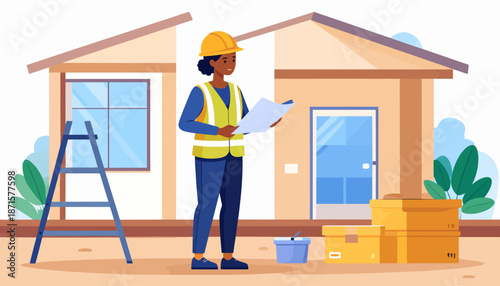 Female construction worker reviewing plans at building site.