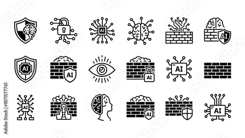 Artificial Intelligence Security Icons Set.