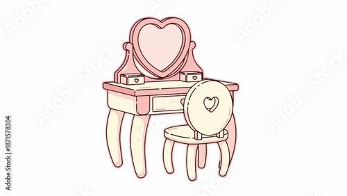 Illustration of a pink vanity with heart-shaped mirror and stool on a white background.