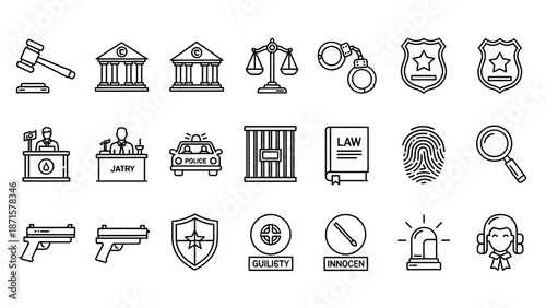 Collection of Black and White Law Icons.