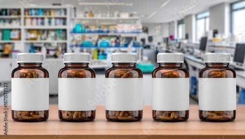 Five amber pill bottles with white labels sit on a wood surface, lab background