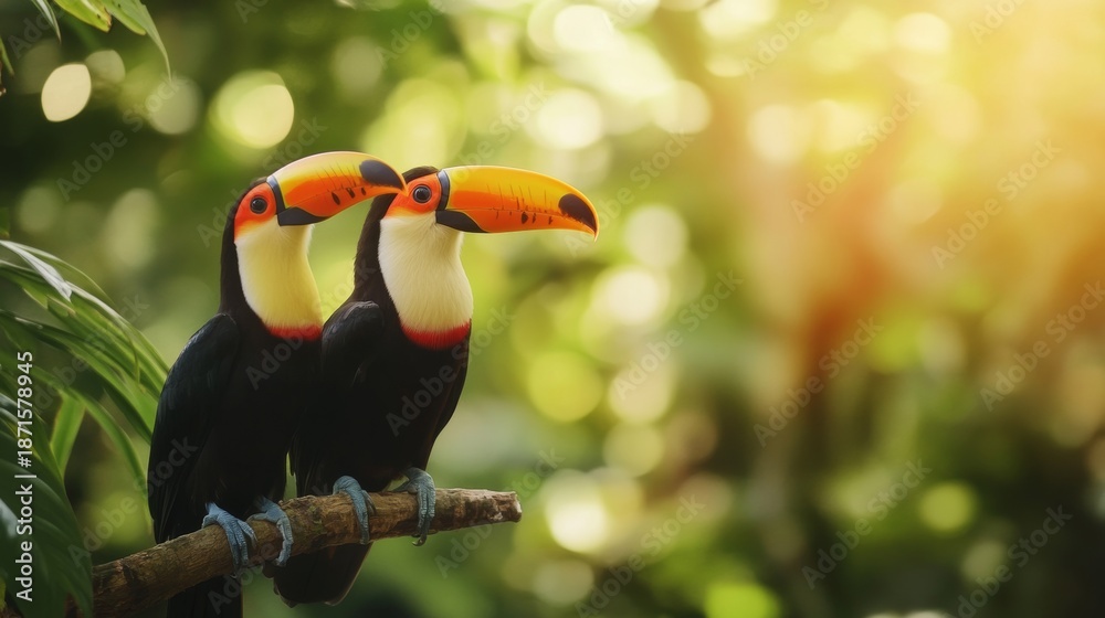 Fototapeta premium Colorful toucans resting on a branch in a tropical rainforest filled with lush plants and soft blurred background