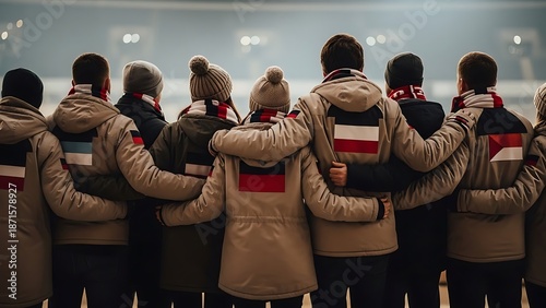 Group of People Wearing Winter Coats with Flag Emblem.
