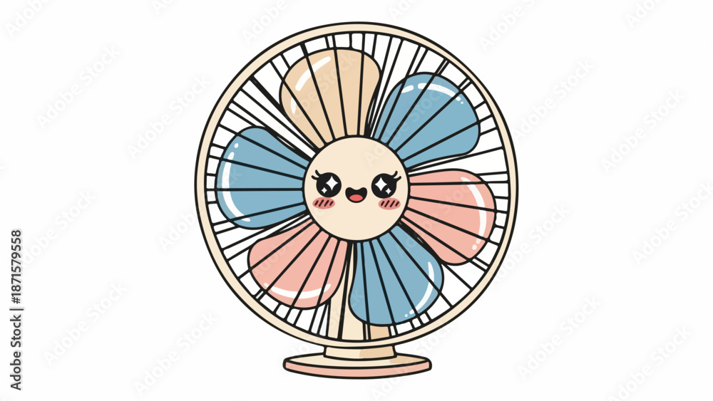 Obraz premium Illustration of a smiling cartoon fan with blue and pink blades on a white background in a playful and cheerful style.