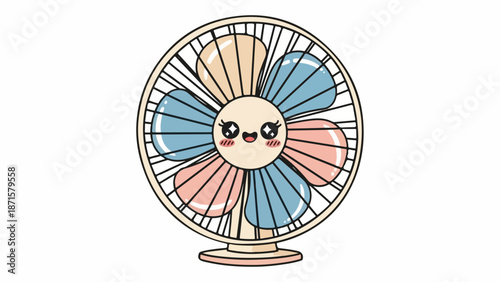 Illustration of a smiling cartoon fan with blue and pink blades on a white background in a playful and cheerful style.